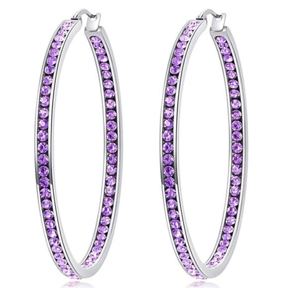 14K White Gold with Purple Amethyst Cubic Zirconia Big Hoop Latch Back Earrings - Picture 1 of 6